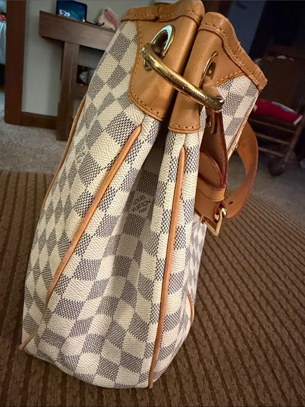 Louis Vuitton Damier Azur Galaria Canvas Shoulder Bag in White and Tan Leather